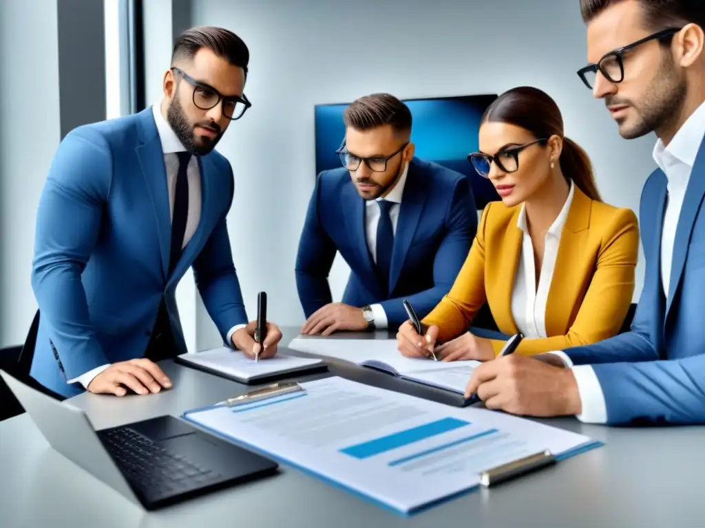 Profesionales revisando documentos inmobiliarios en oficina moderna Profesionales revisando documentos inmobiliarios con detalle en una oficina contemporánea