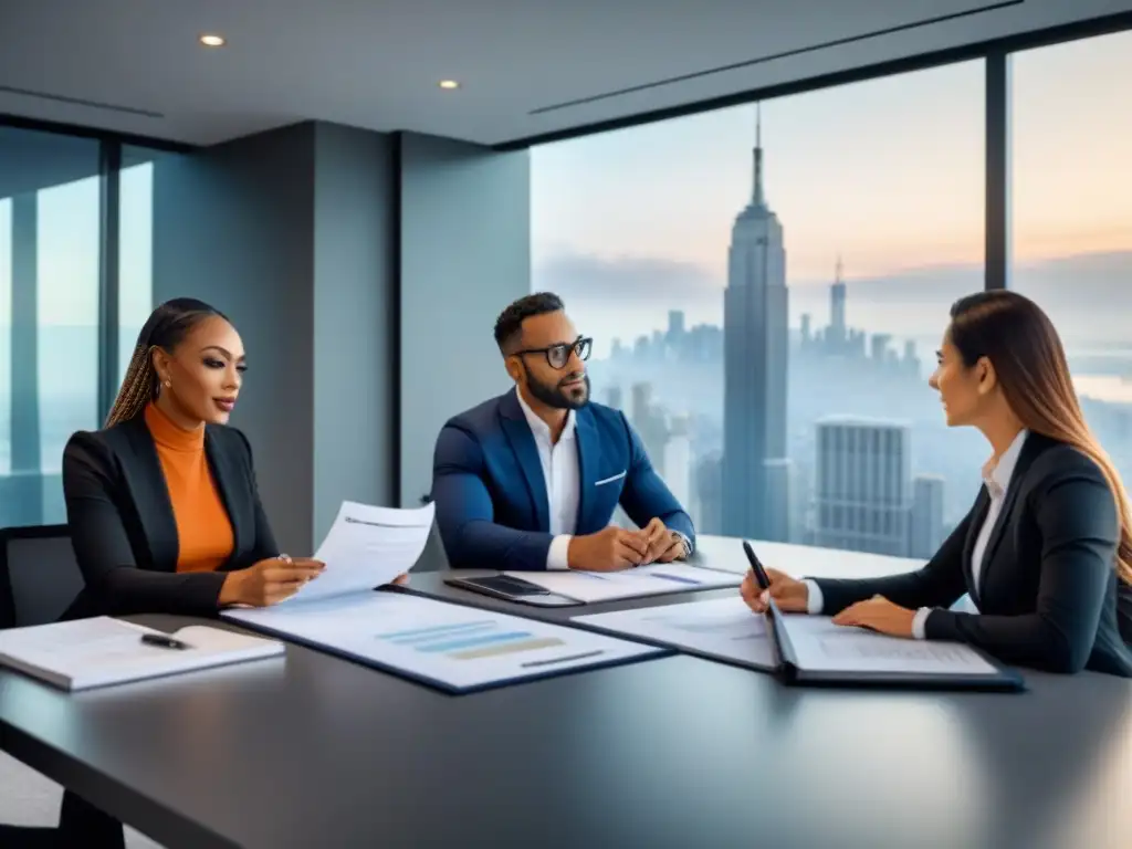 Profesionales diversificados discuten documentos inmobiliarios y gráficos financieros en oficina contemporánea y luminosa Profesionales diversos discuten documentos inmobiliarios y gráficos financieros en moderna oficina