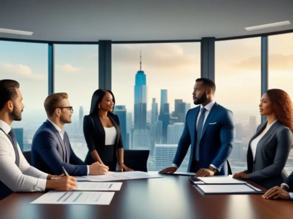 Profesionales diversificados discuten finanzas inmobiliarias en oficina moderna Profesionales discuten documentos inmobiliarios y gráficos financieros en una oficina moderna con vista a la ciudad