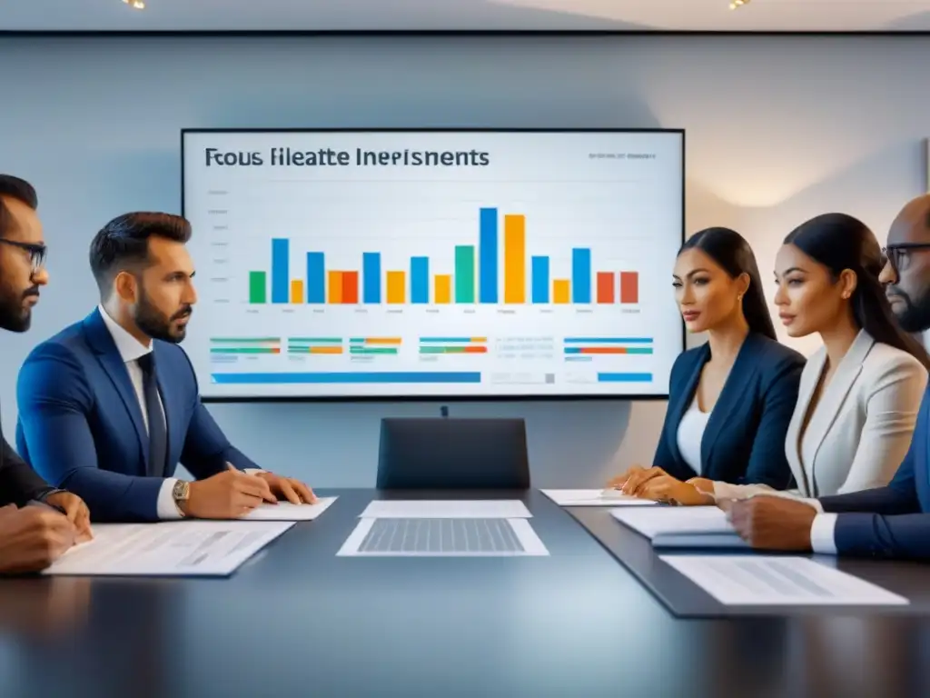 Profesionales analizan inversiones inmobiliarias Profesionales revisan documentos sobre inversiones inmobiliarias con gráficos en pantalla en oficina moderna