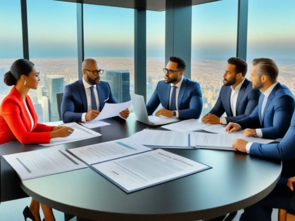 Expertos negociando compra de propiedad en subasta Profesionales discutiendo documentos legales para compra de propiedades en remate, en ambiente moderno con vista a la ciudad