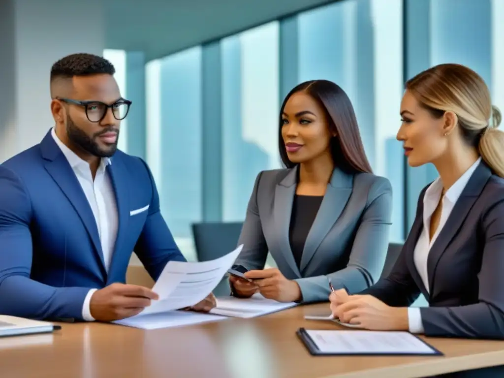 Profesionales diversificados discuten inversiones inmobiliarias Profesionales diversos discuten documentos legales y financieros sobre sindicación inmobiliaria en oficina moderna