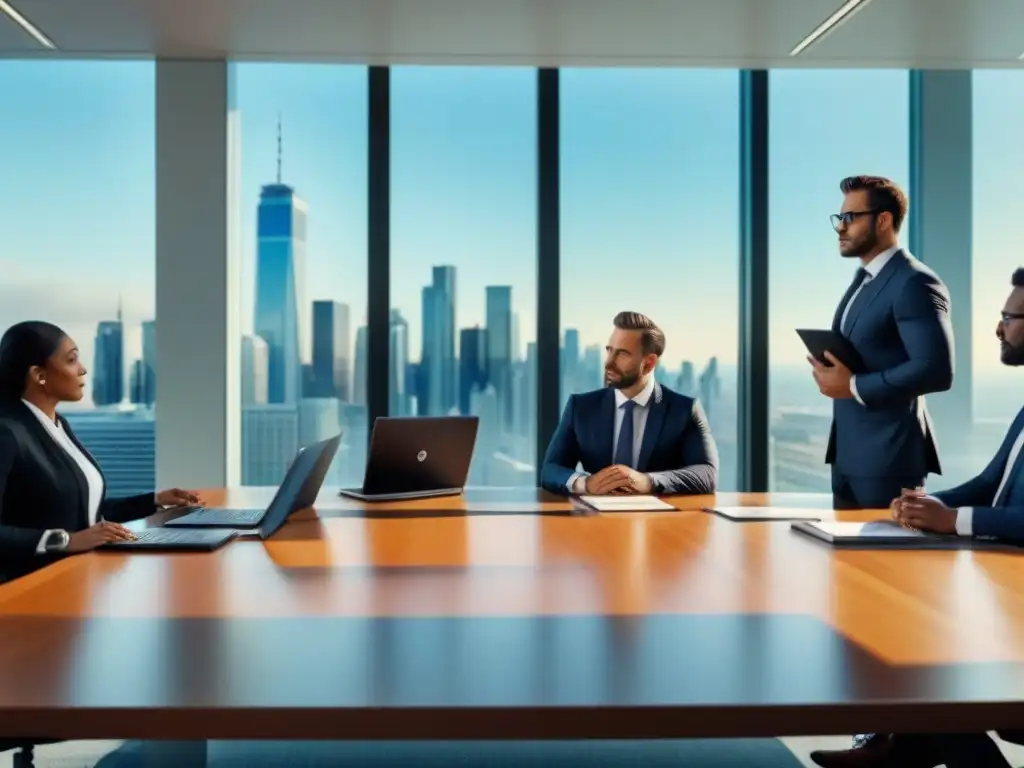 Profesionales debatiendo documentos legales en oficina moderna Profesionales discuten documentos legales y fiscales en oficina moderna con vista a la ciudad
