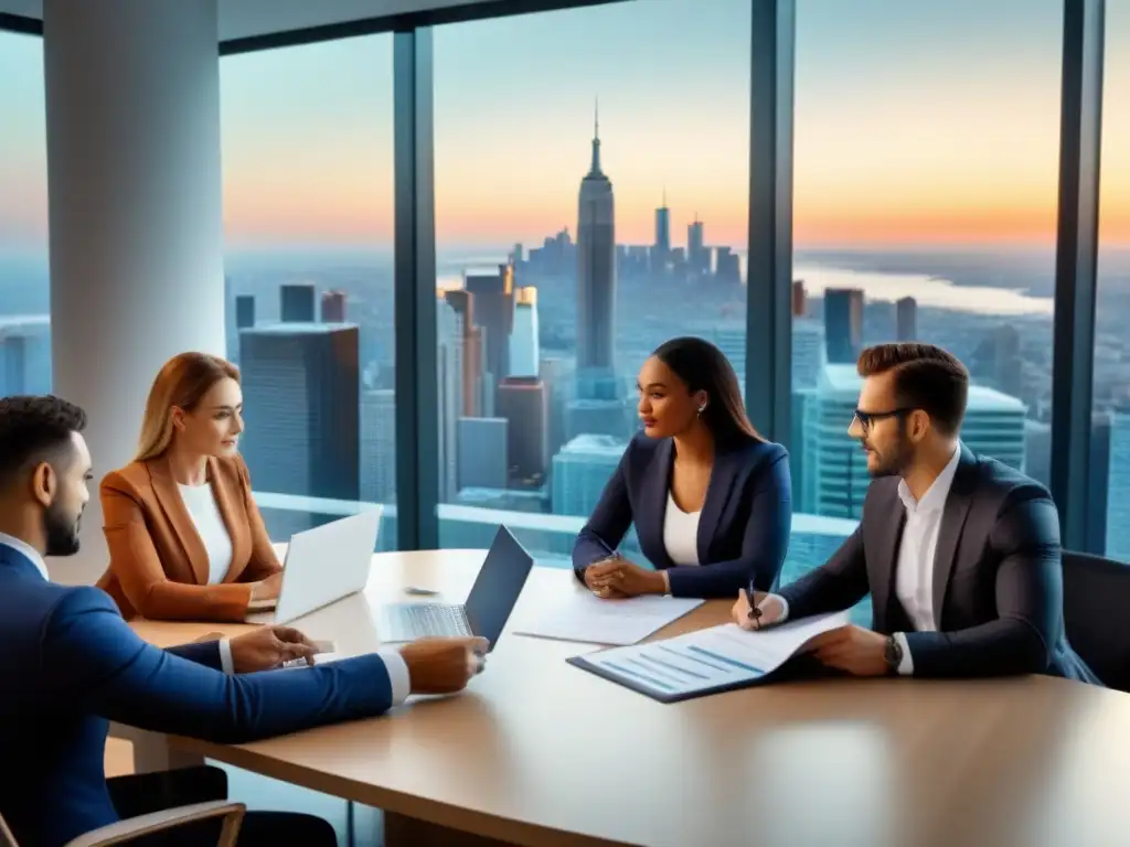 Profesionales discutiendo financiamiento para segunda vivienda Profesionales discutiendo documentos necesarios financiamiento segunda vivienda en oficina moderna con vista a la ciudad