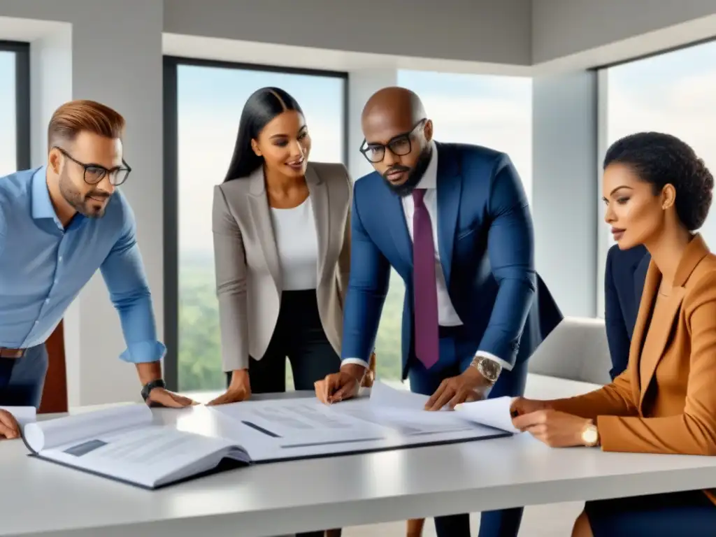 Equipo de profesionales en reunión de negocios inmobiliarios Profesionales discuten documentos y planos en una mesa, en un espacio moderno y profesional