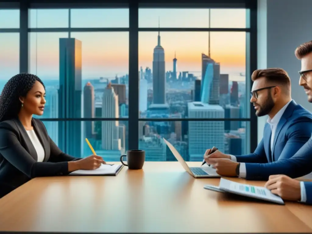 Profesionales financieros analizan criterios de préstamos inmobiliarios Profesionales colaborando para mejorar elegibilidad préstamos inmobiliarios en oficina moderna