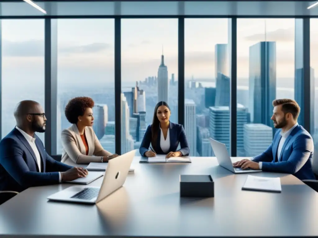 Equipo profesional en oficina moderna preparándose para auditoría externa Diversos profesionales preparan empresa inmobiliaria para auditoría externa en moderna oficina con vista a la ciudad