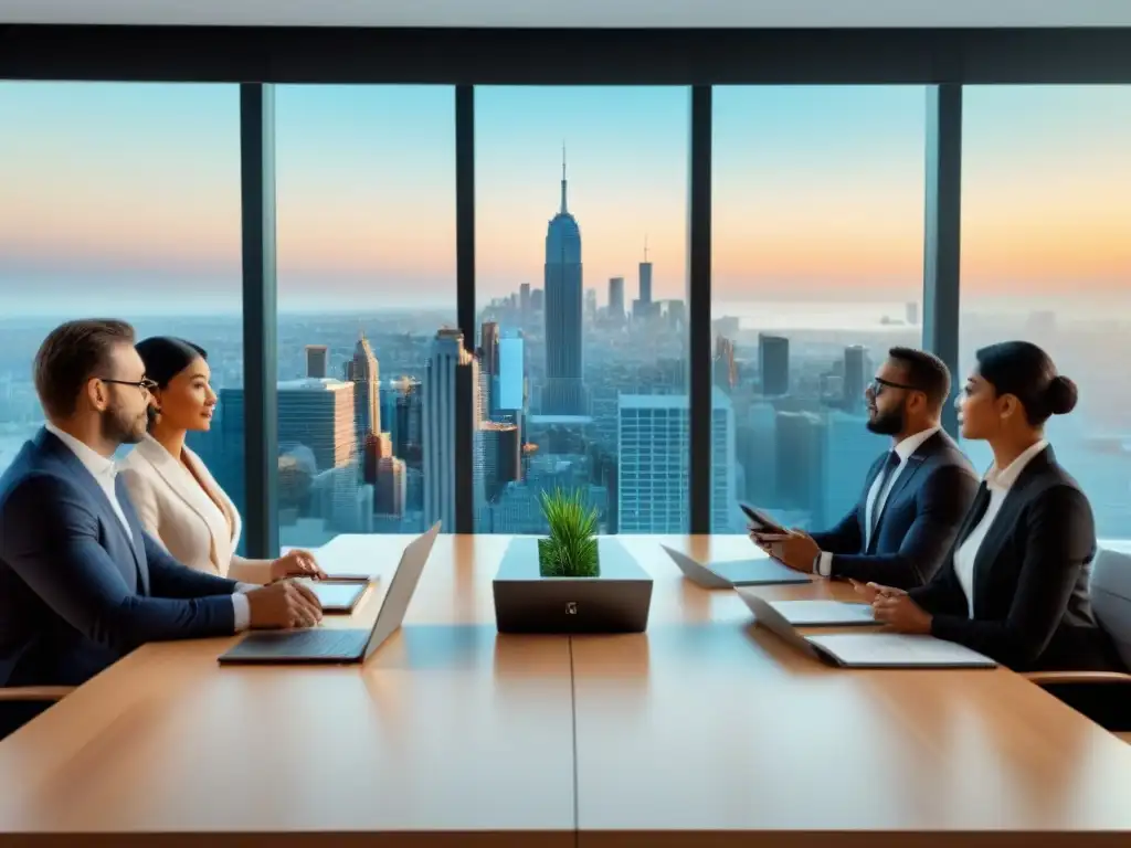 Profesionales en discusión ética: boardroom 8k Profesionales discuten ética empresarial en financiamiento inmobiliario en moderna sala de juntas con vista panorámica