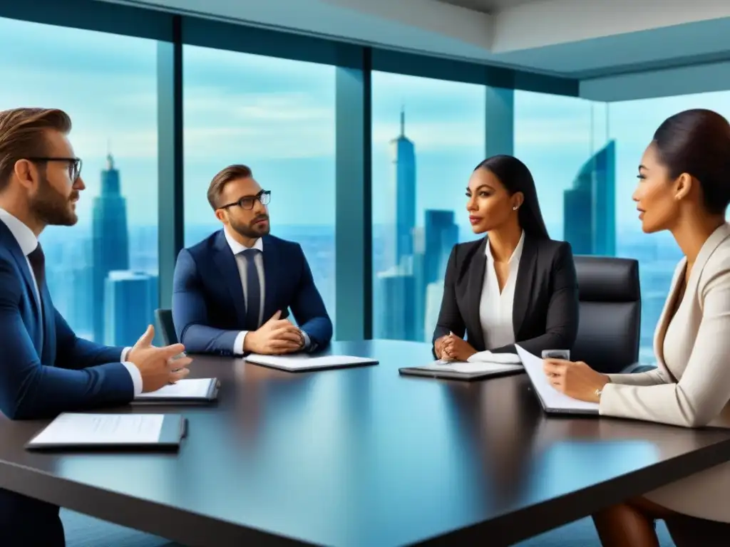 Profesionales empresariales en reunión colaborativa, reflexionando sobre formación ética en financiamiento inmobiliario en moderna oficina urbana