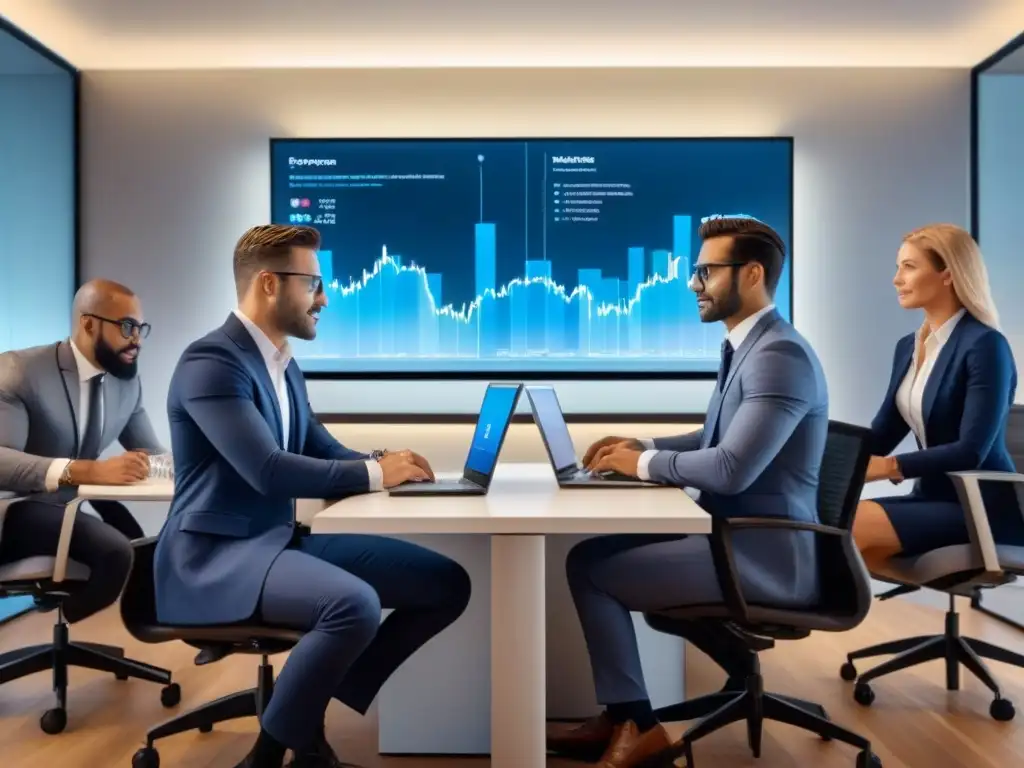 Profesionales de Empresas Fintech financiamiento inmobiliario colaborando en oficina tecnológica con datos financieros en pantallas digitales