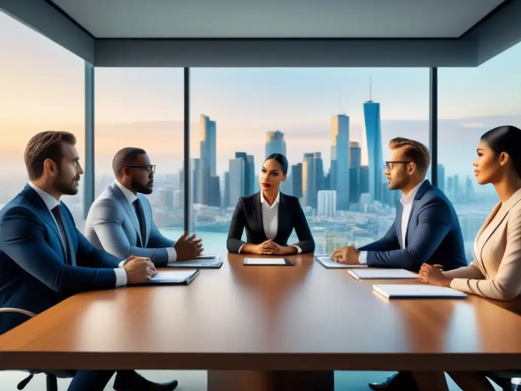 Profesionales estratégicos en reunión: reestructuración de deuda inmobiliaria Profesionales enfocados en reestructuración de deudas inmobiliarias en sesión de brainstorming en moderna sala de conferencias