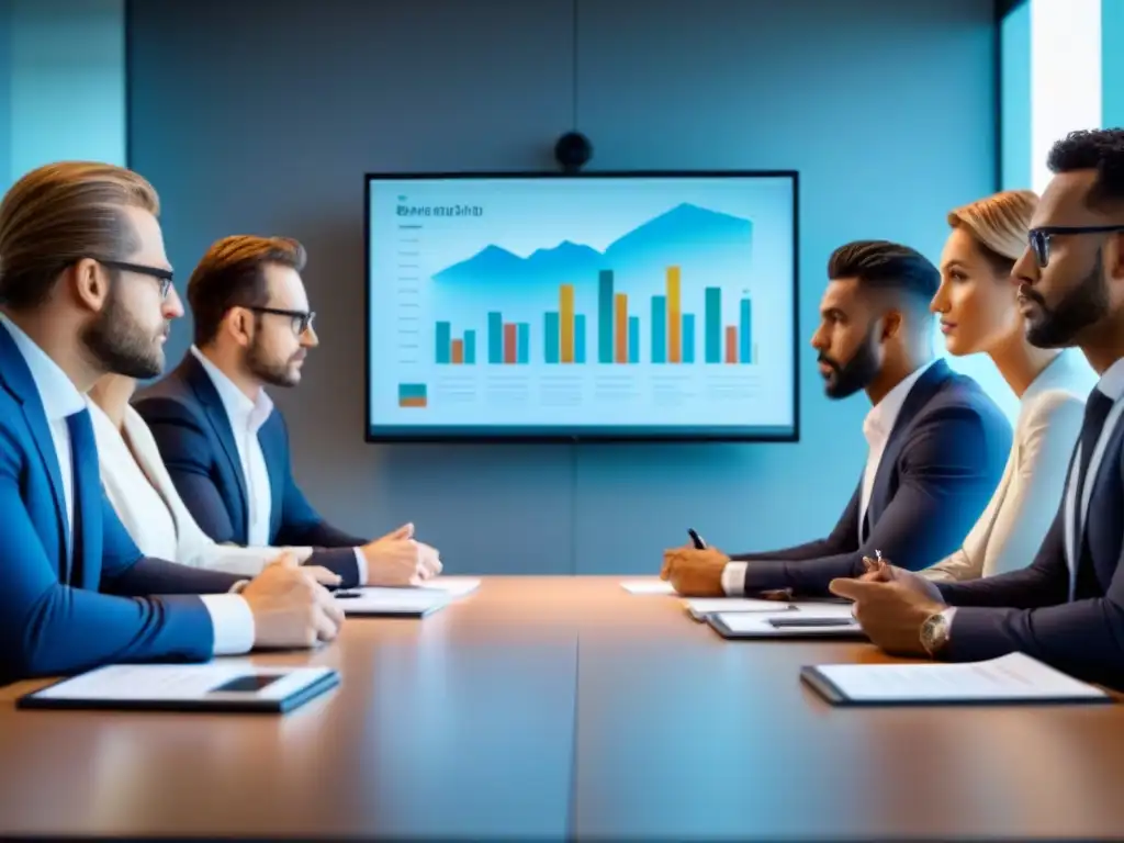 Reunión de expertos en finanzas en moderna sala de juntas Profesionales enfocados en discusión financiera en sala de juntas iluminada con skyline