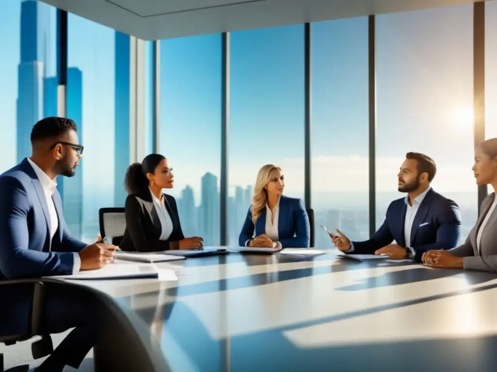 Profesionales latinos debaten en oficina moderna Profesionales enfocados discuten sobre Errores financieros inmobiliarios América Latina