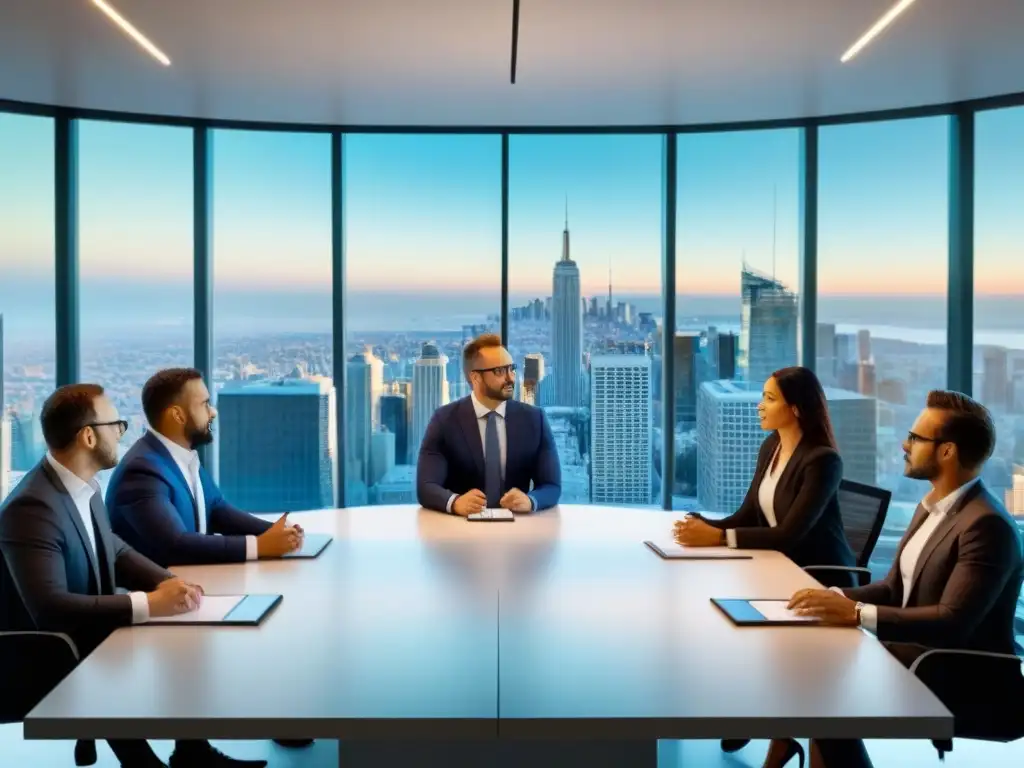 Profesionales innovadores en reunión estratégica Profesionales enfocados en moderna oficina con vista a la ciudad