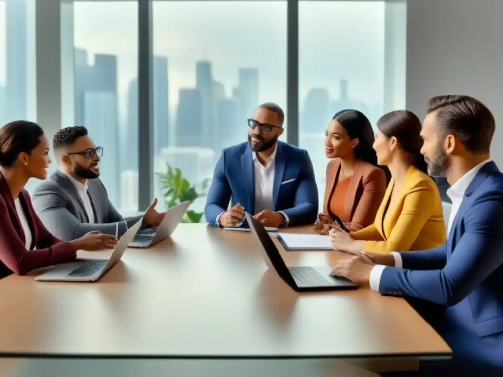 Profesionales diversificados en reunión colaborativa en espacio moderno Profesionales discuten con entusiasmo en una sala moderna