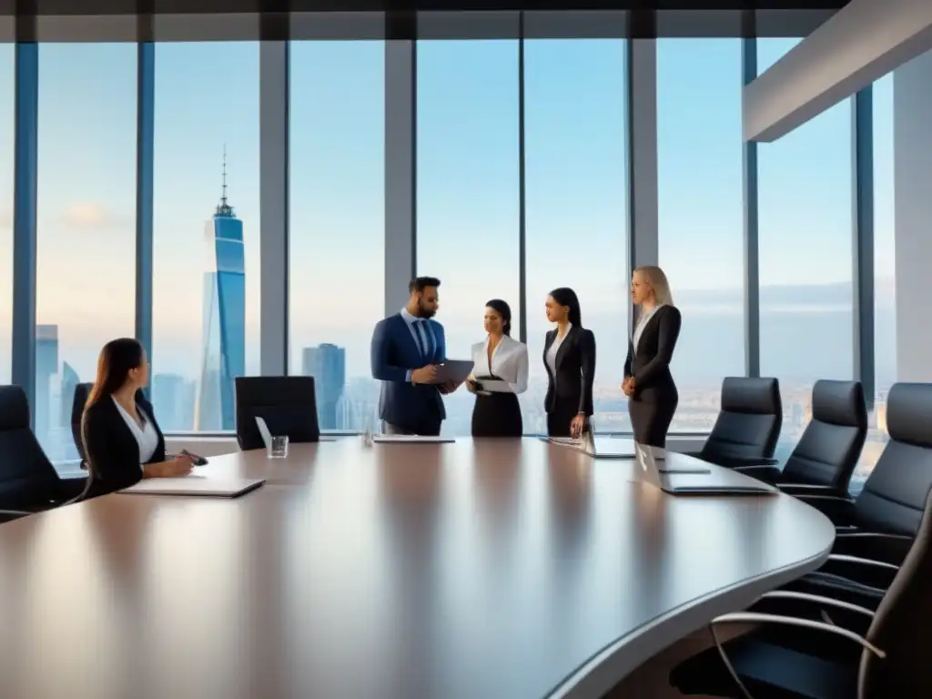 Profesionales analizan contrato inmobiliario en moderna oficina Profesionales evitando errores en contratos inmobiliarios en moderna oficina con vista a la ciudad