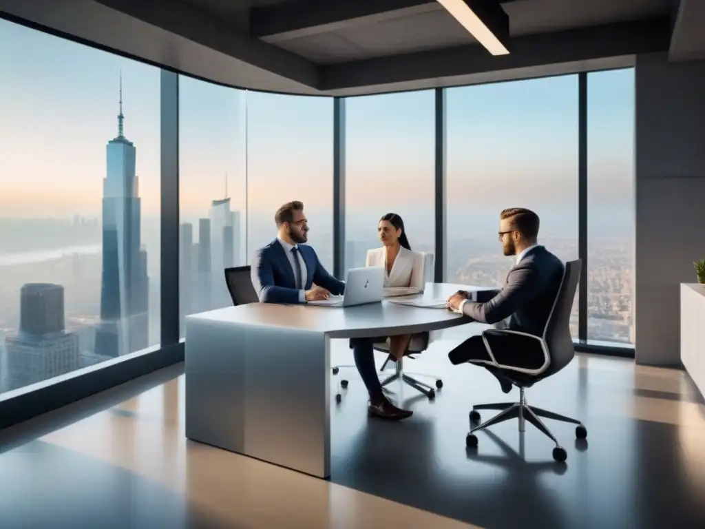 Oficina moderna de lujo con profesionales empresariales en reunión Profesionales en un espacio de oficina moderno y lujoso, debaten sobre certificaciones financieras inmobiliarias