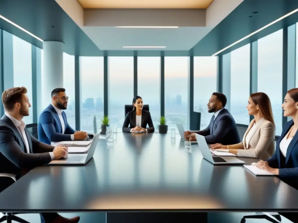 Reunión profesional diversa sobre estrategias de afiliación inmobiliaria Profesionales discuten estrategias de afiliación de propiedades en una oficina moderna y luminosa