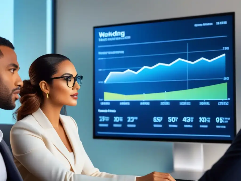 Profesionales debaten estrategias de analítica web para préstamos inmobiliarios en moderna oficina de publicidad digital