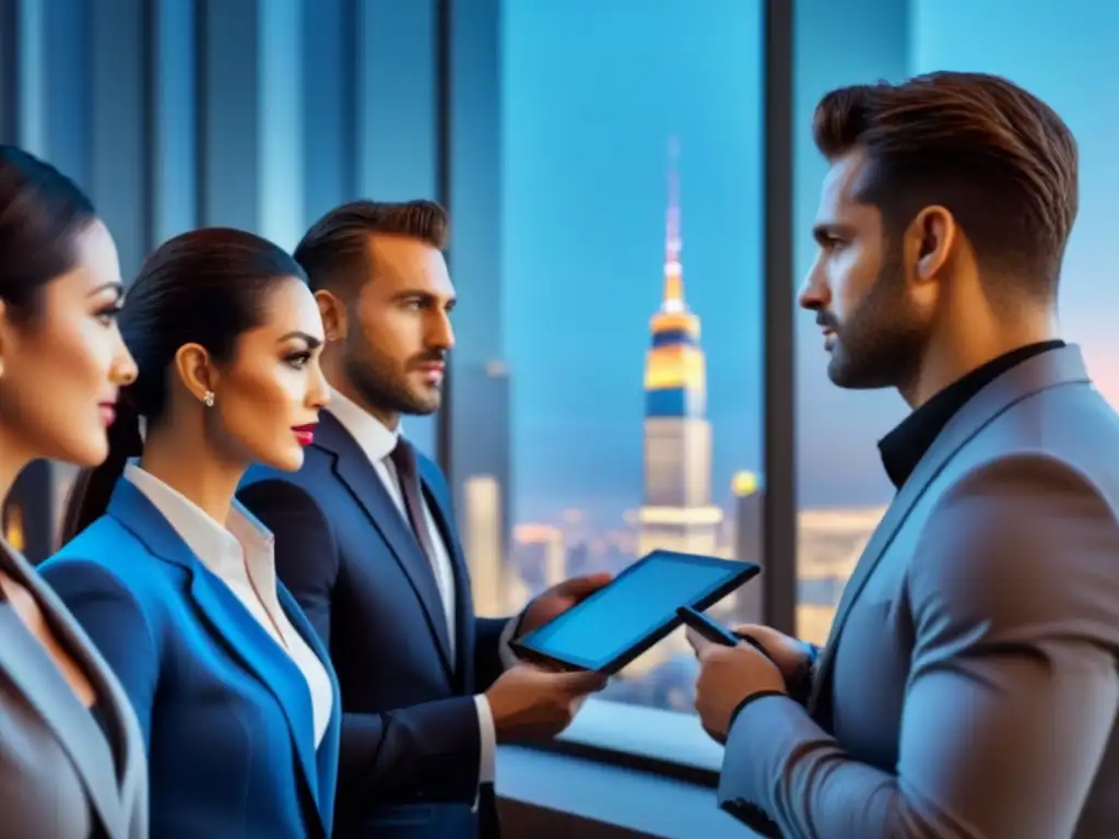 Skyline financiero: Estrategias de inversión inmobiliaria Profesionales discuten estrategias de evaluación REITs comerciales en la ciudad iluminada al anochecer