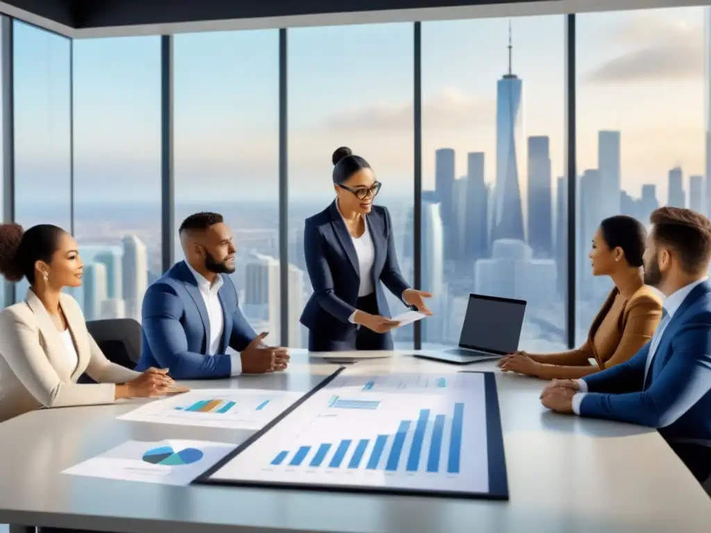 Profesionales diversos debatiendo estrategias financieras inmobiliarias en oficina moderna con vista a la ciudad Profesionales diversos discuten estrategias de financiamiento inmobiliario exitosas en oficina moderna