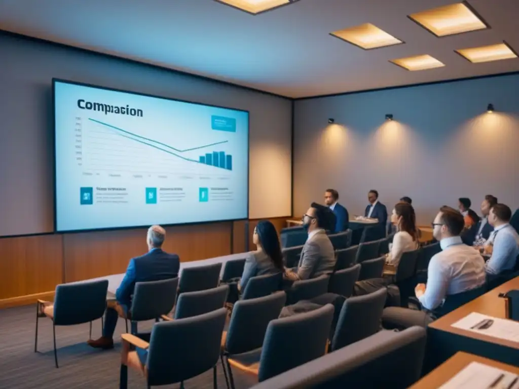 Conferencia de Financiamiento Inmobiliario: Profesionales en Acción Profesionales debatiendo estrategias de financiamiento inmobiliario en un aula moderna y dinámica