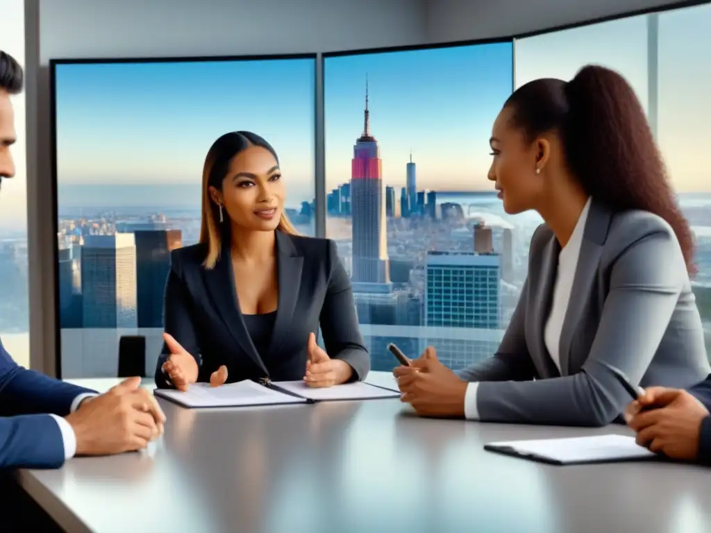 Profesionales diversificados debaten estrategias inmobiliarias Profesionales debatiendo estrategias de financiamiento inmobiliario para minorías en moderna oficina con vista a la ciudad
