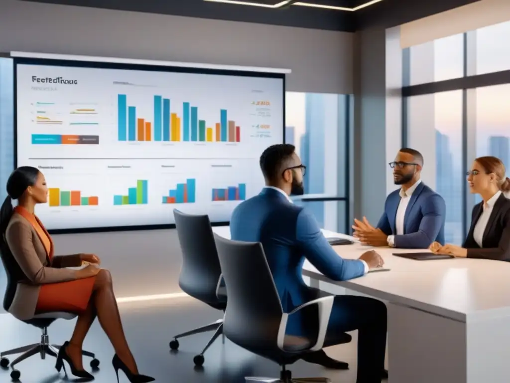 Profesionales diversificados discuten estrategias de inversión inmobiliaria en oficina moderna Profesionales diversos discutiendo estrategias de financiamiento inmobiliario en oficina moderna
