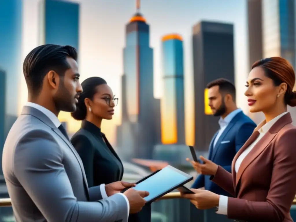 Perspectivas financieras en la ciudad del futuro Profesionales discuten estrategias financieras frente a la ciudad moderna al atardecer, con tablet futurista mostrando gráficos