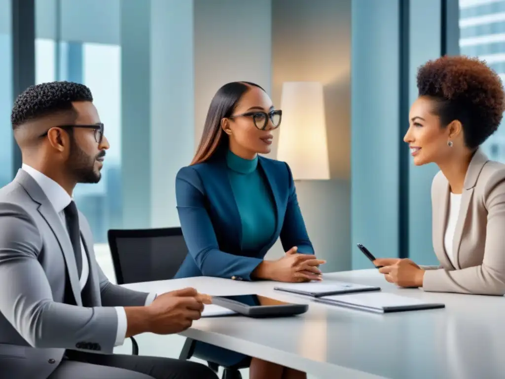 Equipo diverso de expertos en reunión de inversión inmobiliaria Profesionales diversos discuten estrategias financieras e inversiones inmobiliarias en moderna oficina