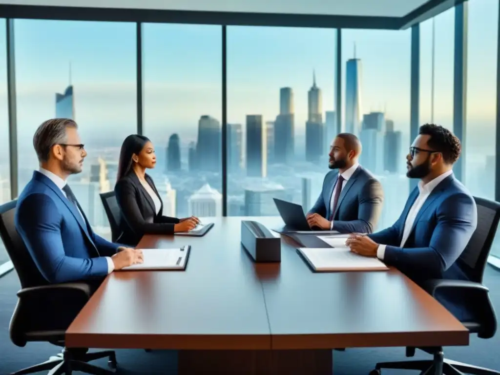 Profesionales en reunión estratégica en oficina moderna Profesionales debatiendo estrategias financieras en oficina moderna con vista a la ciudad, clave 'beneficios fiscales inversión inmobiliaria'