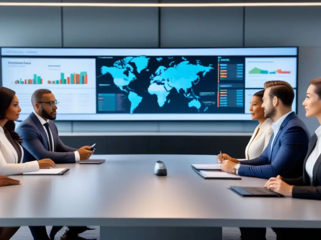 Profesionales discutiendo inversiones inmobiliarias internacionales en oficina moderna Profesionales discuten estrategias fiscales de inversiones inmobiliarias internacionales en una oficina moderna