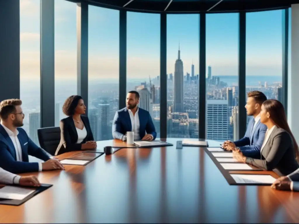 Inversión inmobiliaria: Profesionales colaborando en sala de juntas moderna Profesionales colaborando en estrategias inmobiliarias con modelos arquitectónicos y pantallas de datos financieros