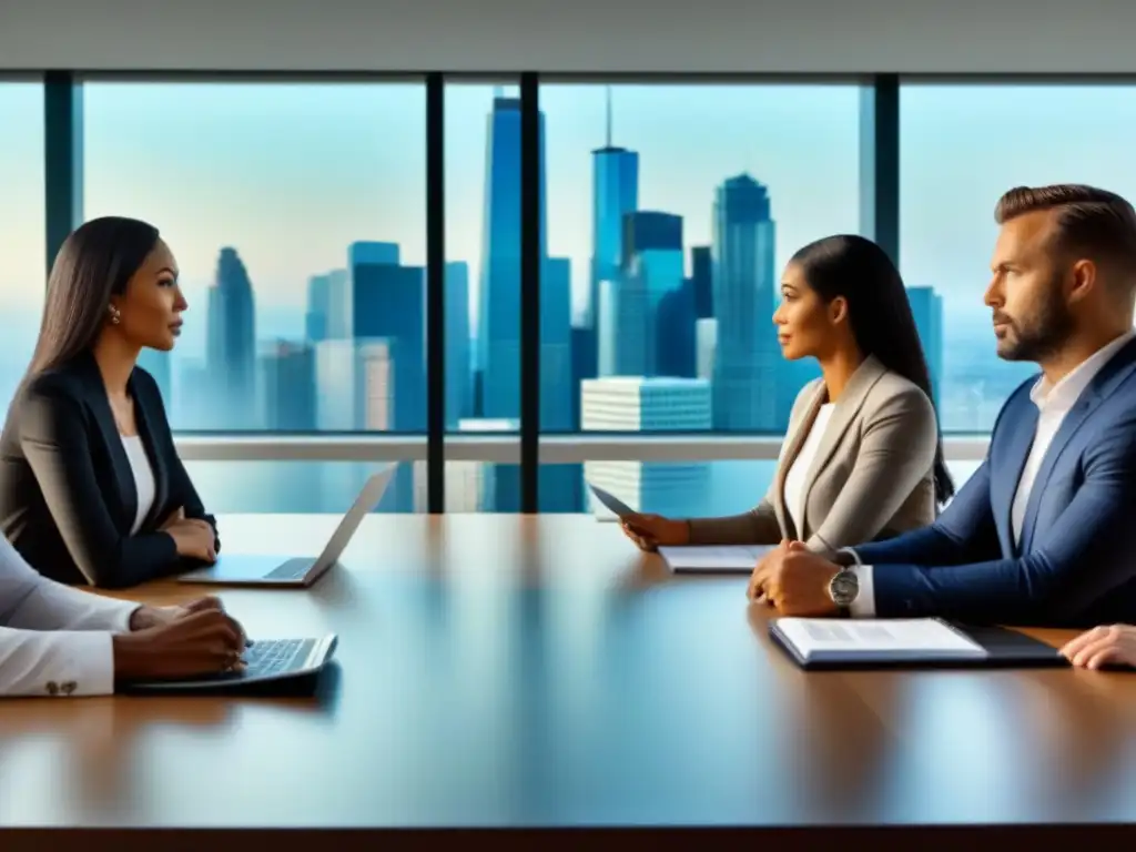 Reunión de expertos en inversión inmobiliaria Profesionales discuten estrategias para vender inmuebles y optimizar ganancias en ambiente moderno con vista a la ciudad