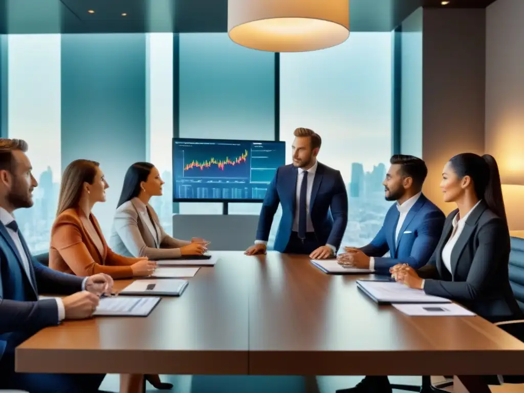Inversores analizan estrategias de inversión inmobiliaria Profesionales debaten estrategias para vender inmuebles y optimizar ganancias en moderna sala de juntas