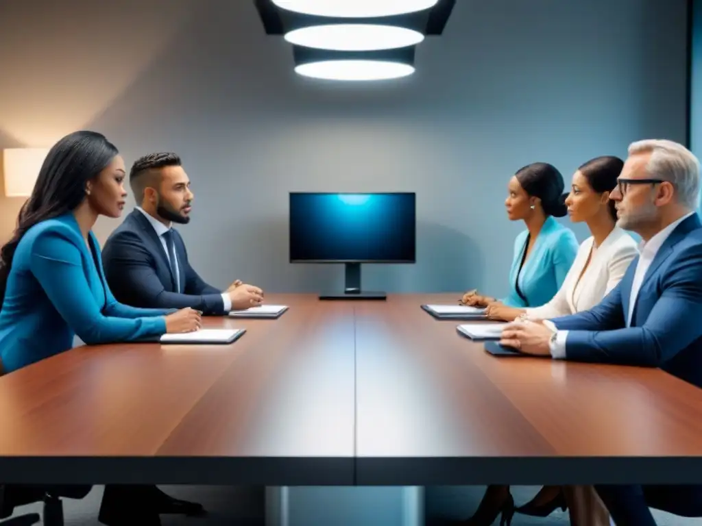 Profesionales estratégicos en reunión de inversión Profesionales debatiendo estrategias inversión alineadas políticas vivienda en moderna sala de reuniones
