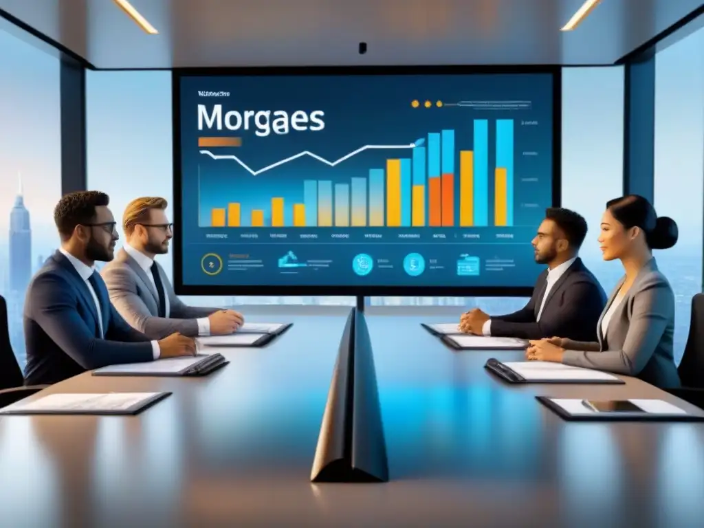 Profesionales discuten estrategias de inversión en mesa moderna Profesionales discuten estrategias de inversión, con gráficos en pantalla