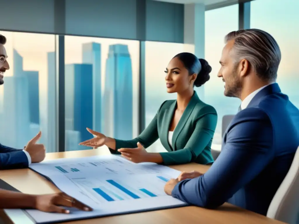 Profesionales debatiendo estrategias de inversión inmobiliaria Profesionales discuten estrategias de inversión inmobiliaria con diversidad cultural en moderna oficina de alto nivel