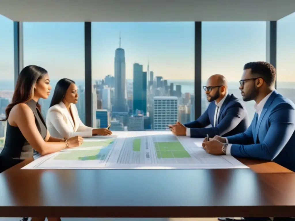 Profesionales en mesa de debate estratégico sobre inversión inmobiliaria Profesionales discuten estrategias de inversión inmobiliaria normativa local en moderna sala de juntas con vista a la ciudad