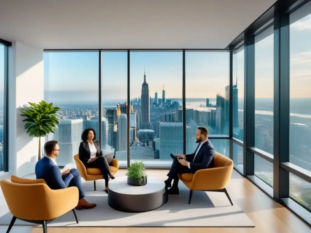 Reunión de profesionales: estrategias de inversión inmobiliaria en oficina moderna con vista urbana Profesionales diversos discuten estrategias de inversión inmobiliaria en una oficina moderna con vista a la ciudad