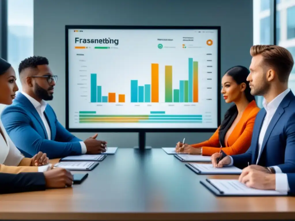 Profesionales diversificados planificando inversión inmobiliaria con tecnología de vanguardia Profesionales discuten estrategias de inversión inmobiliaria con gráficos en pantalla