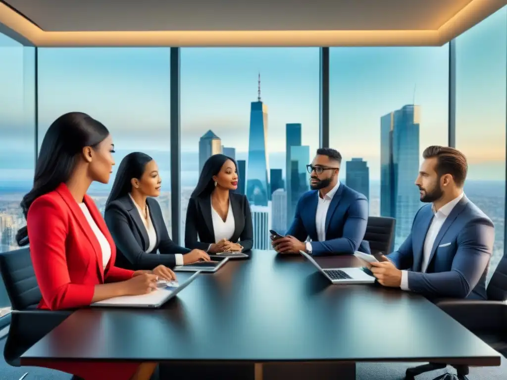 Profesionales diversificados debaten estrategias inmobiliarias en sala de juntas moderna Profesionales debaten estrategias de inversión inmobiliaria con gráficos financieros y beneficios fiscales pérdidas inmobiliarias