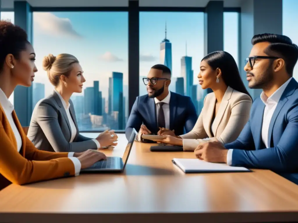 Profesionales colaborando en coworking futurista Profesionales discuten estrategias de inversión en moderno espacio coworking