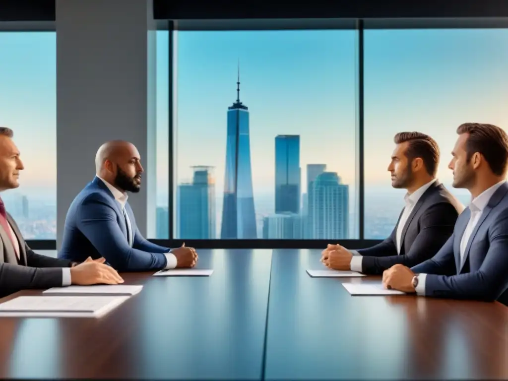 Reunión estratégica: Desarrolladores inmobiliarios y asesores financieros en acción Profesionales discuten estrategias para Obtención de fondos para proyectos inmobiliarios en moderno salón de reuniones con vista a la ciudad
