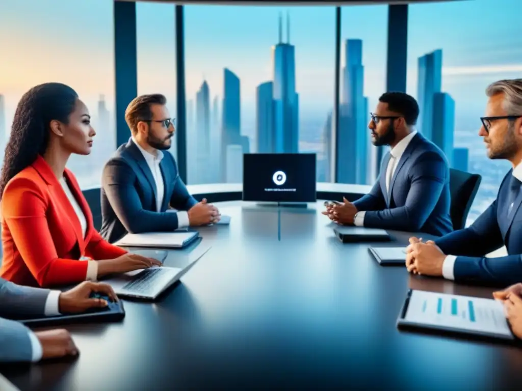 Profesionales en mesa de reuniones futurista en la industria inmobiliaria Profesionales debatiendo estrategias en una oficina moderna