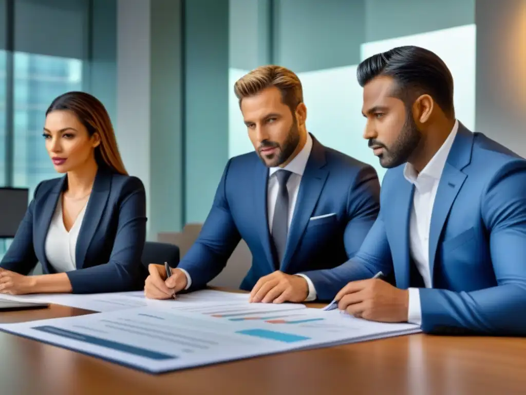 Profesionales analizan estrategias de préstamos para proyectos inmobiliarios comerciales Profesionales analizan estrategias para préstamos inmobiliarios comerciales en sala de juntas moderna