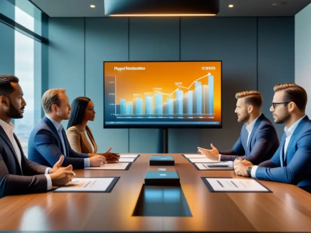 Profesionales negociando en boardroom moderno Profesionales negociando estrategias para préstamos inmobiliarios