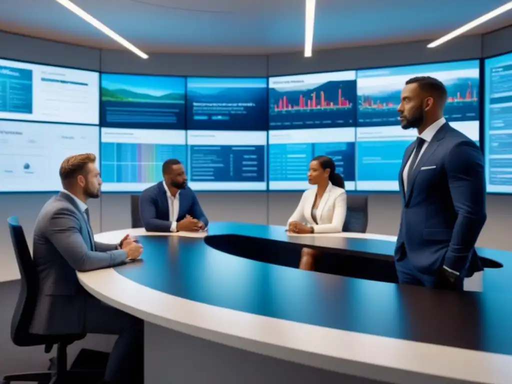 Profesionales innovadores analizando seguros en oficina moderna Profesionales discutiendo estrategias de promoción de seguros de propiedad en oficina moderna