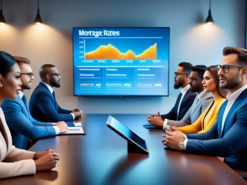 Profesionales debaten estrategias de refinanciamiento hipotecario en sala de juntas moderna y tecnológica Profesionales debatiendo estrategias de refinanciamiento hipotecario en sala de juntas moderna