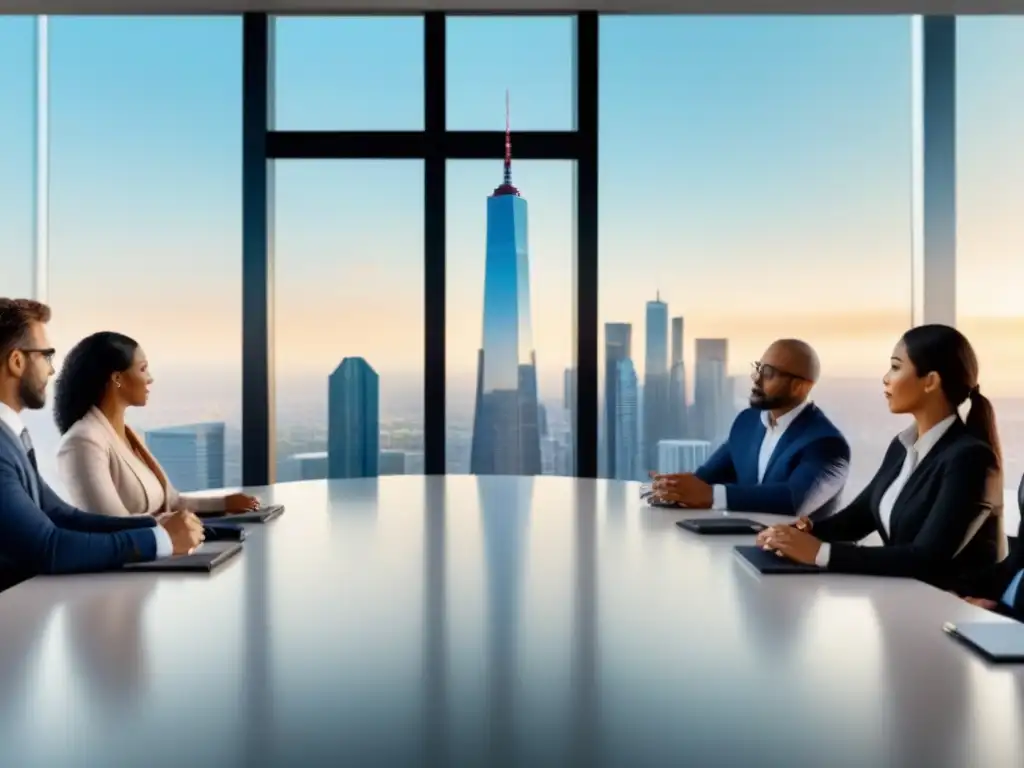 Profesionales en reunión estratégica de gestión de riesgos inmobiliarios Profesionales discuten estrategias de riesgos en portafolios inmobiliarios en moderna sala de reuniones con vista a la ciudad
